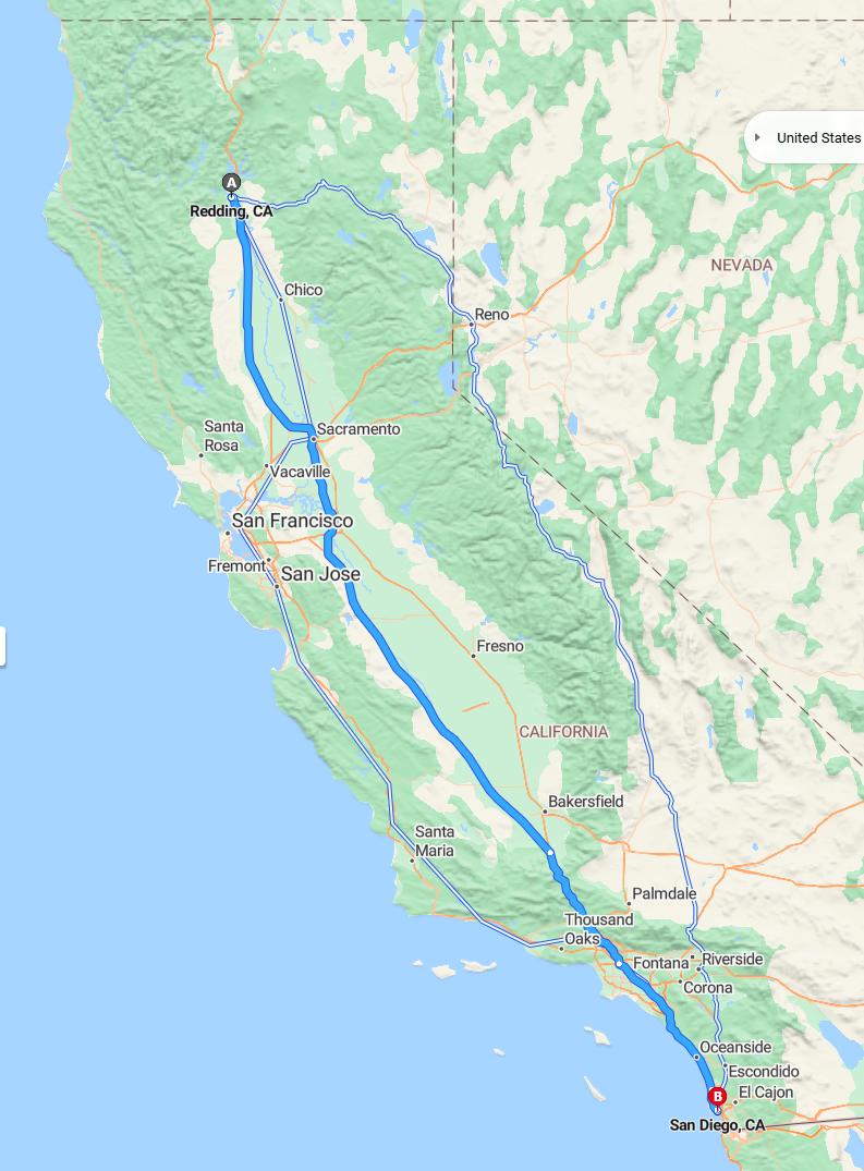driving from Redding, California to San DiegoCalifornia - map and route