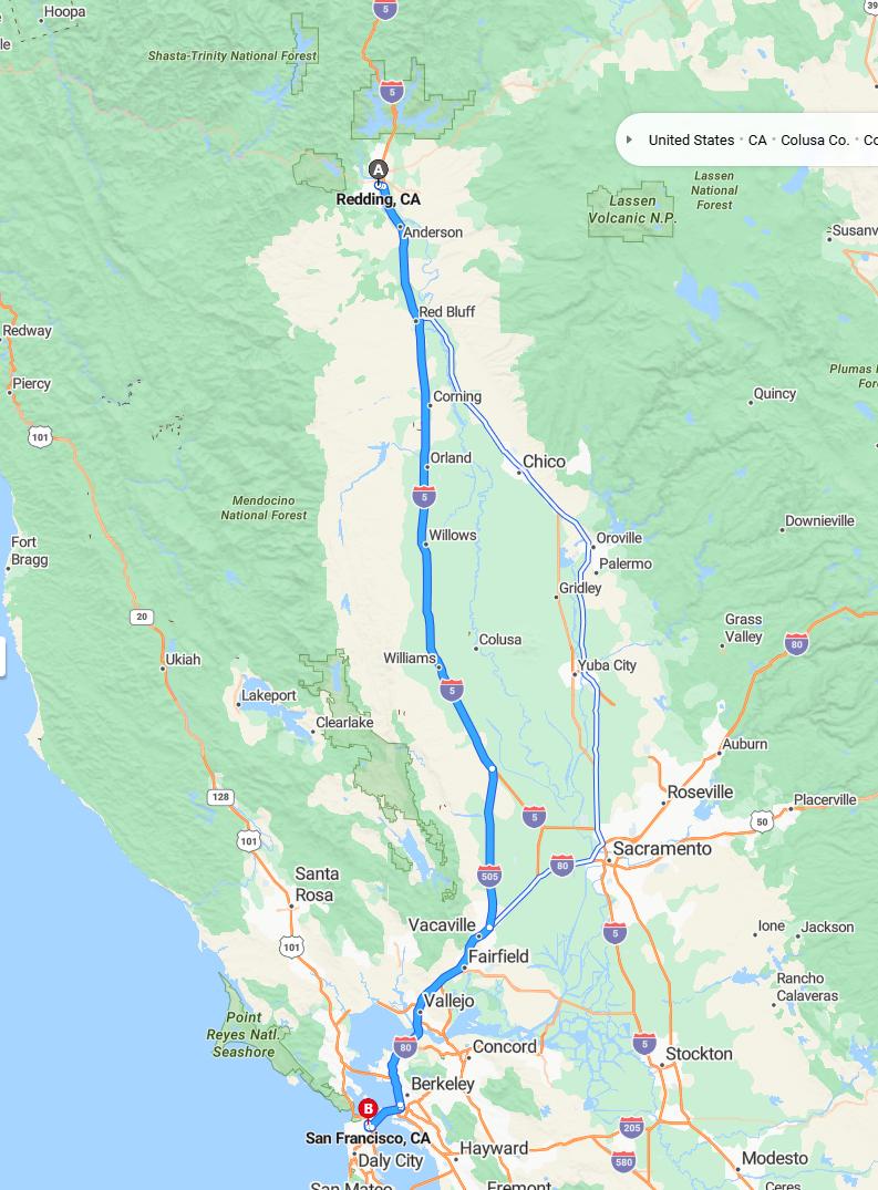 driving from Redding, California to San FranciscoCalifornia - map and route