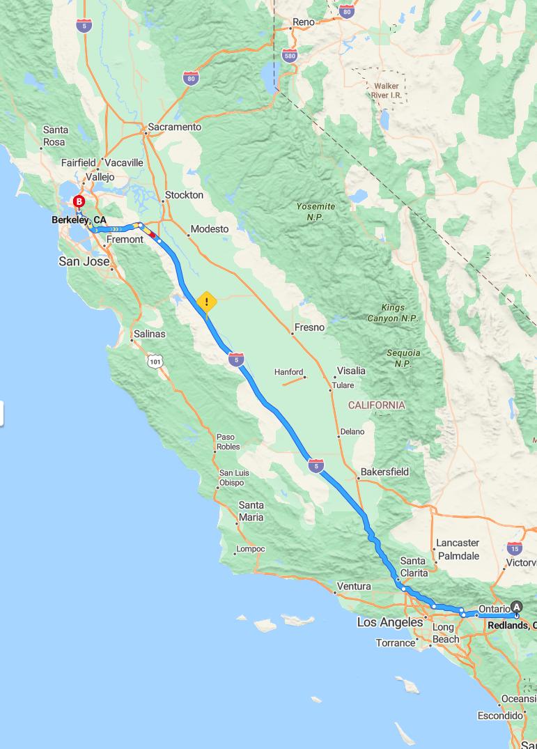 driving from Redlands, California to BerkeleyCalifornia - map and route
