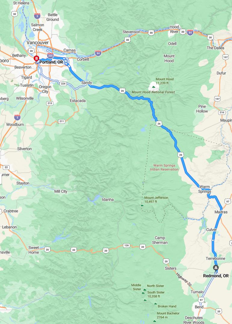 driving from Redmond, Oregon to PortlandOregon - map and route