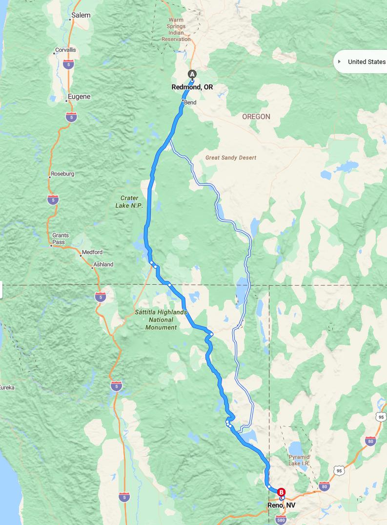driving from Redmond, Oregon to RenoNevada - map and route