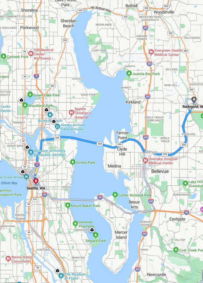 driving from Redmond, Washington to SeattleWashington - map and route