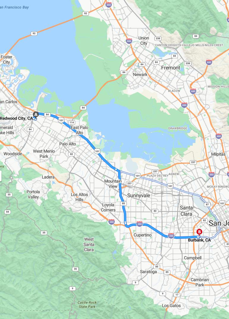 driving from Redwood City, California to BurbankCalifornia - map and route