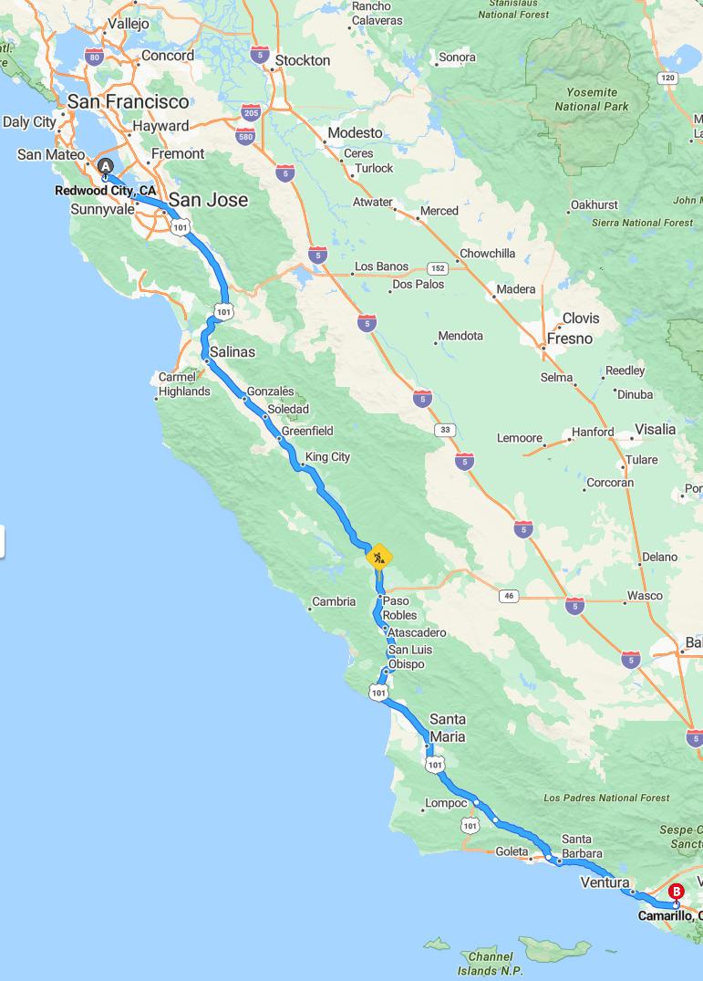 driving from Redwood City, California to CamarilloCalifornia - map and route