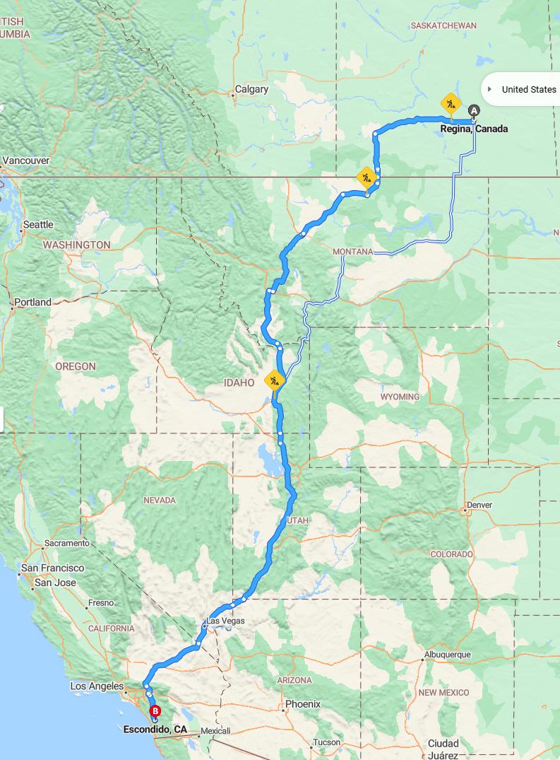 driving from Regina, Saskatchewan to EscondidoCalifornia - map and route