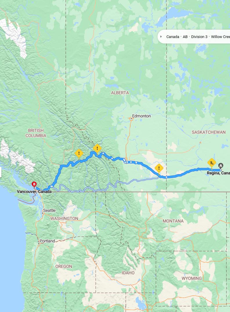 driving from Regina, Saskatchewan to VancouverBritish Columbia - map and route