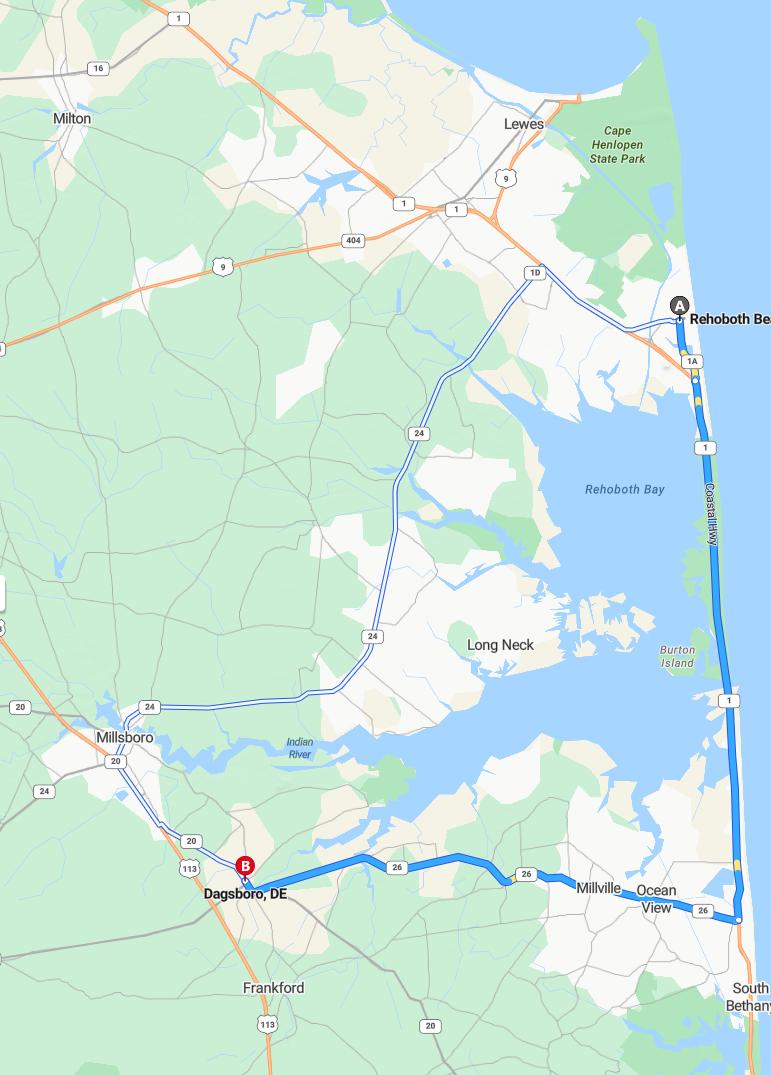 driving from Rehobeth, Delaware to DagsboroDelaware - map and route