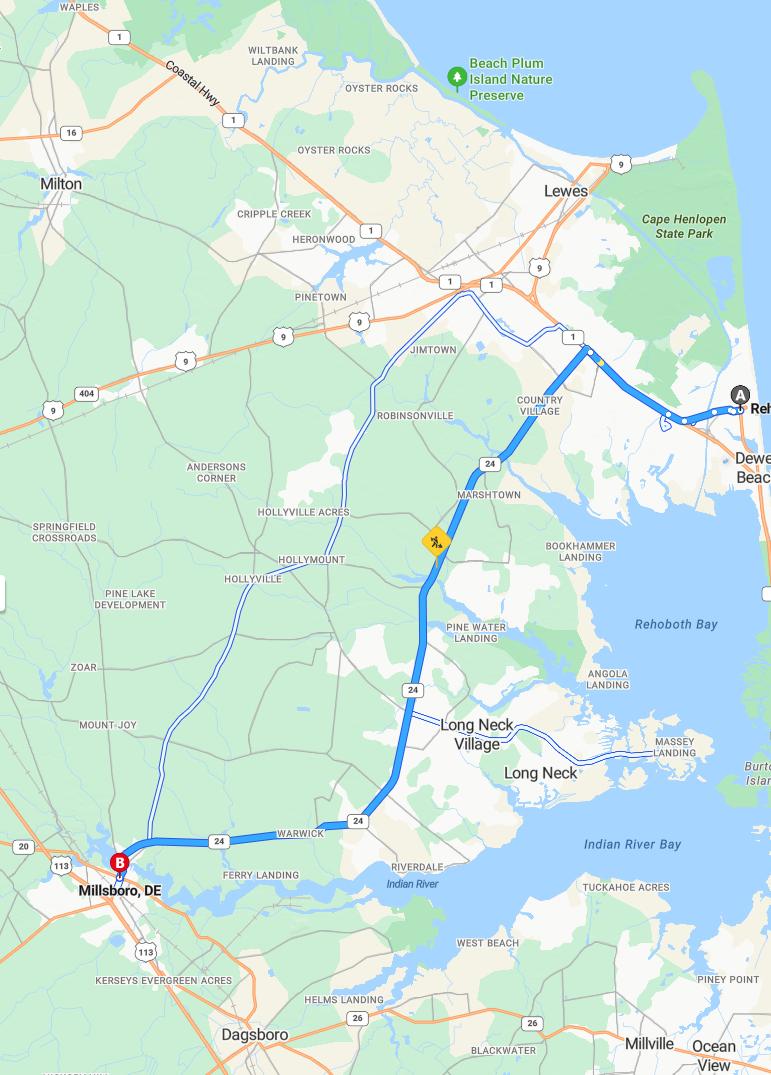 driving from Rehoboth, Delaware to MillsboroDelaware - map and route
