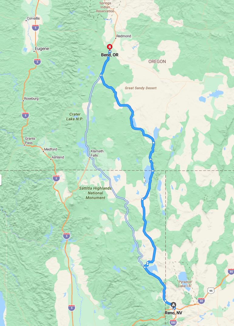 driving from Reno, Nevada to BendOregon - map and route