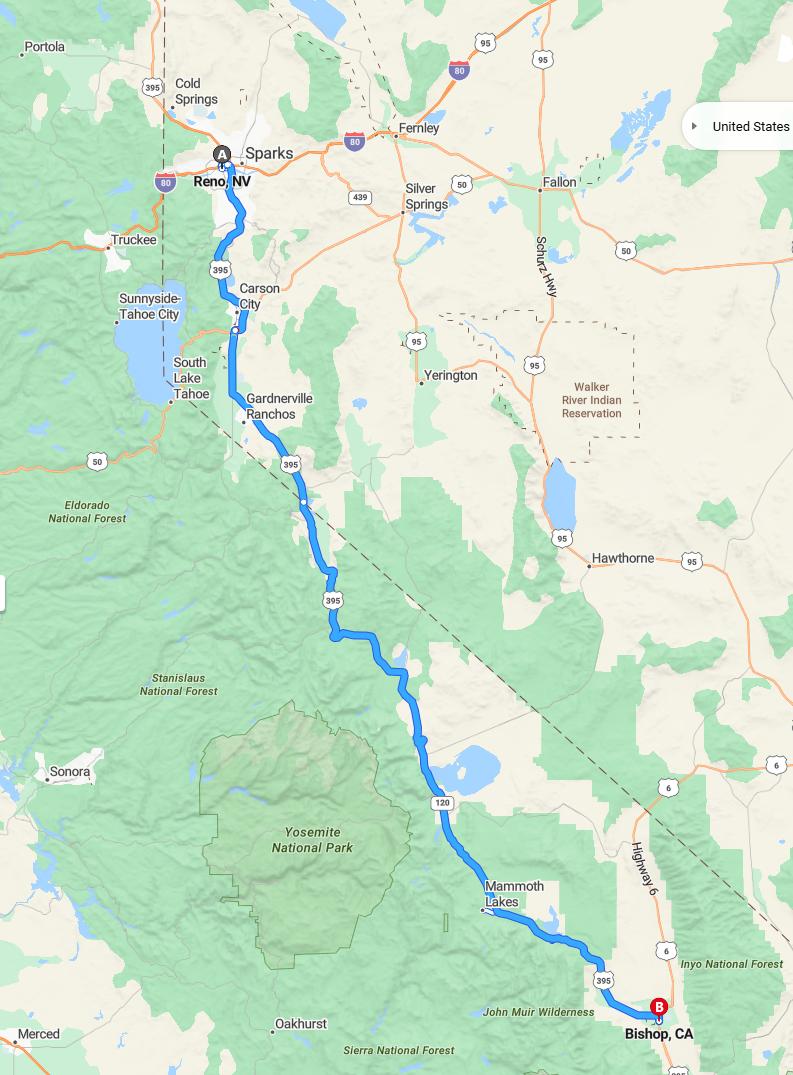 driving from Reno, Nevada to BishopCalifornia - map and route