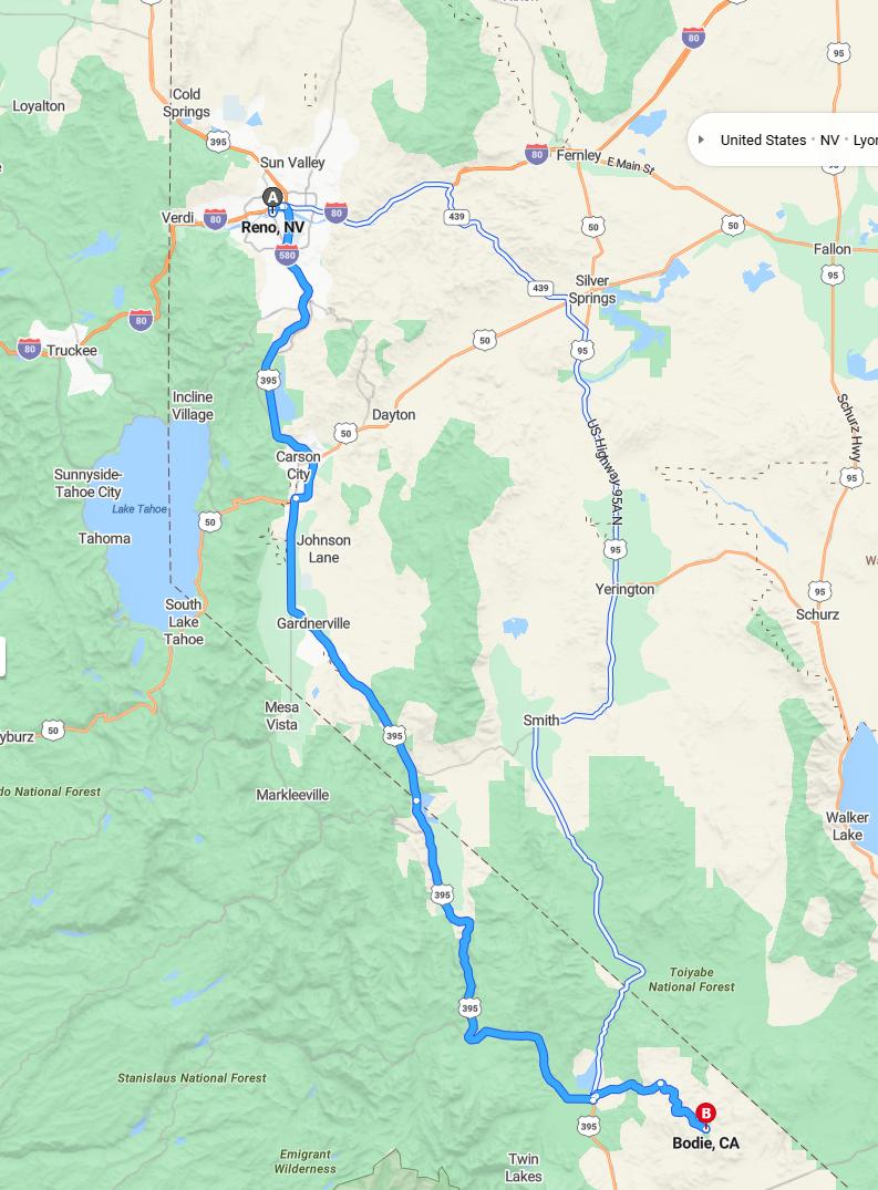 driving from Reno, Nevada to BodieCalifornia - map and route