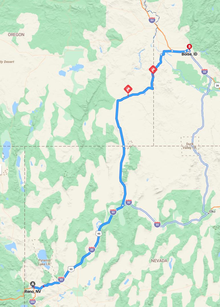 driving from Reno, Nevada to BoiseIdaho - map and route