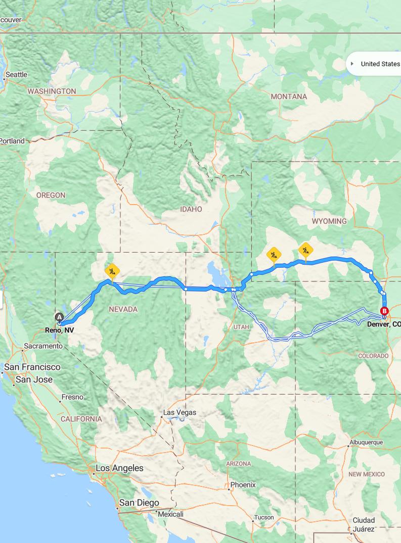 driving from Reno, Nevada to DenverColorado - map and route