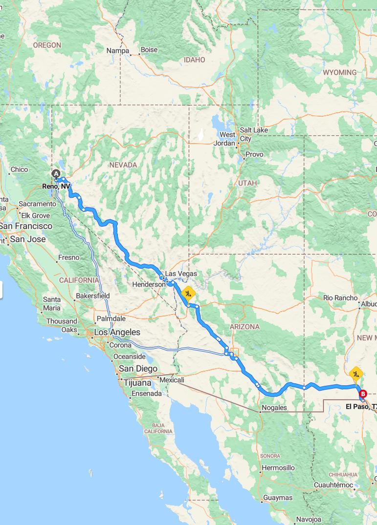 driving from Reno, Nevada to El PasoTexas - map and route