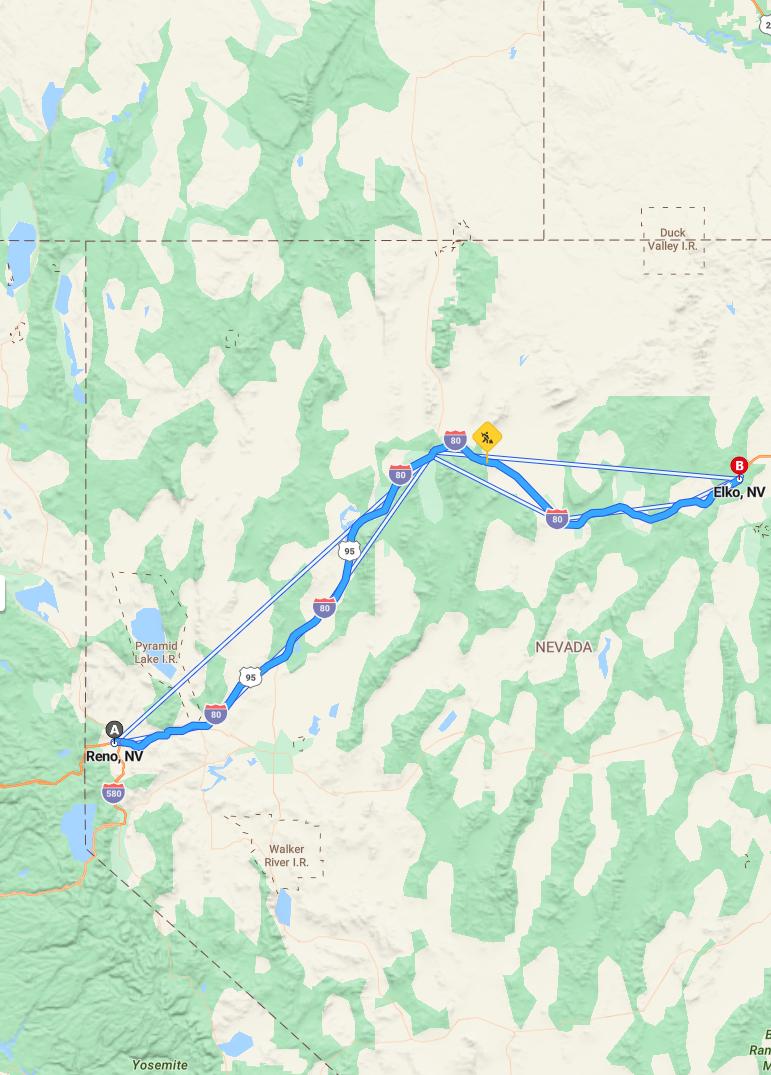 driving from Reno, Nevada to ElkoNevada - map and route