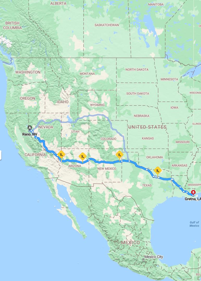 driving from Reno, Nevada to GretnaLouisiana - map and route