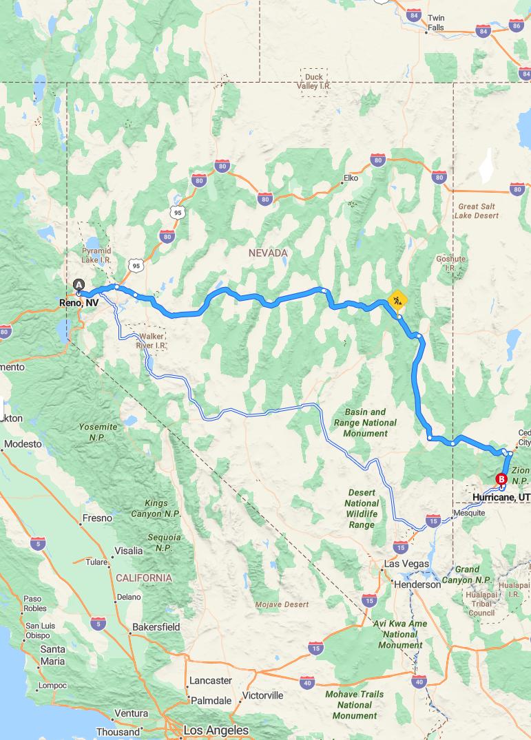 driving from Reno, Nevada to HurricaneUtah - map and route
