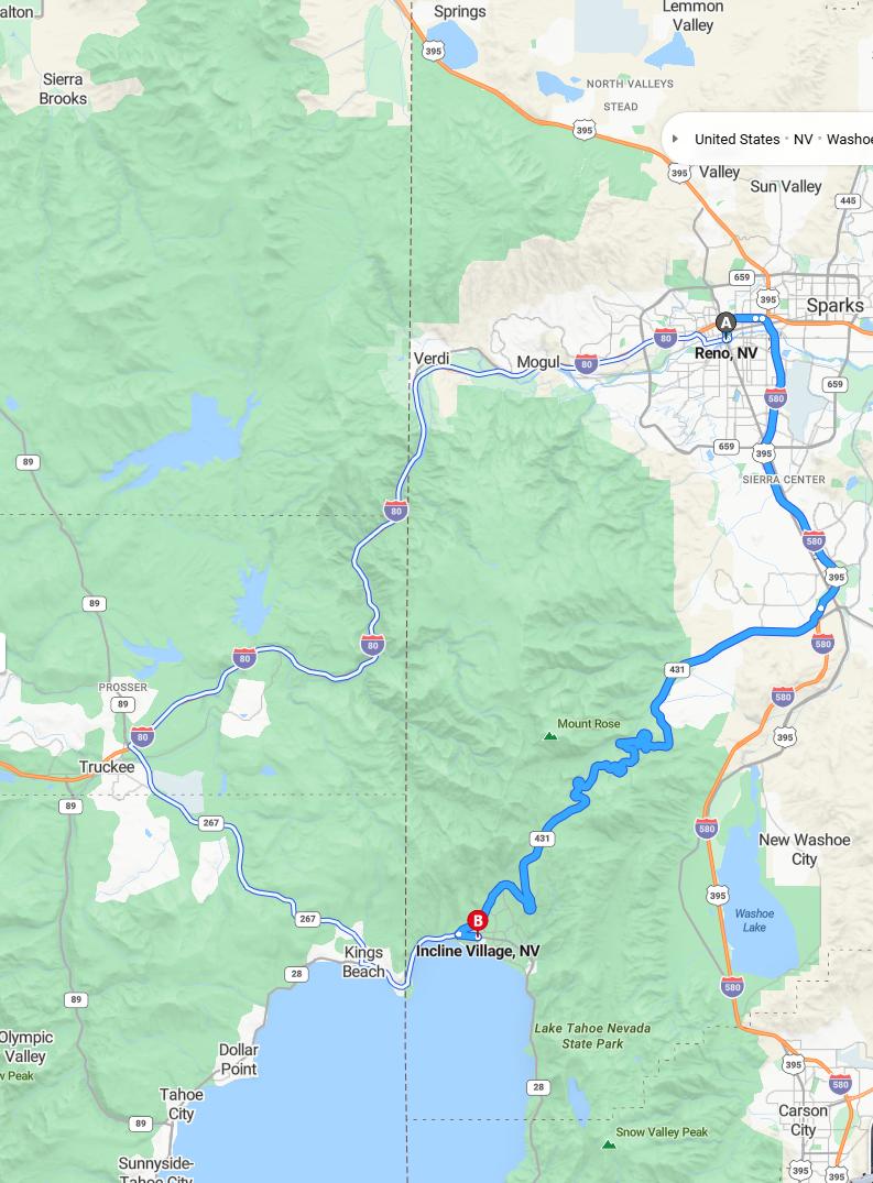 driving from Reno, Nevada to Incline VillageNevada - map and route