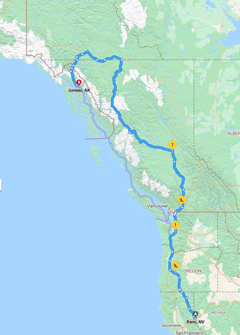 driving from Reno, Nevada to JuneauAlaska - map and route