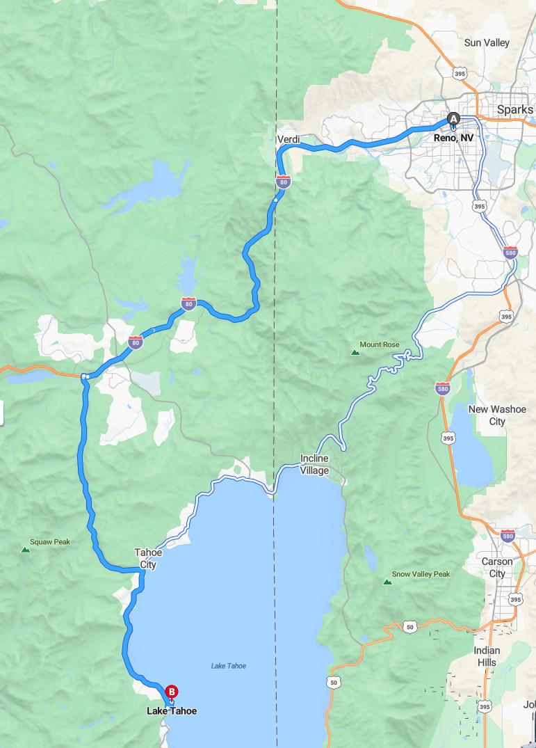 driving from Reno, Nevada to Lake TahoeNevada - map and route