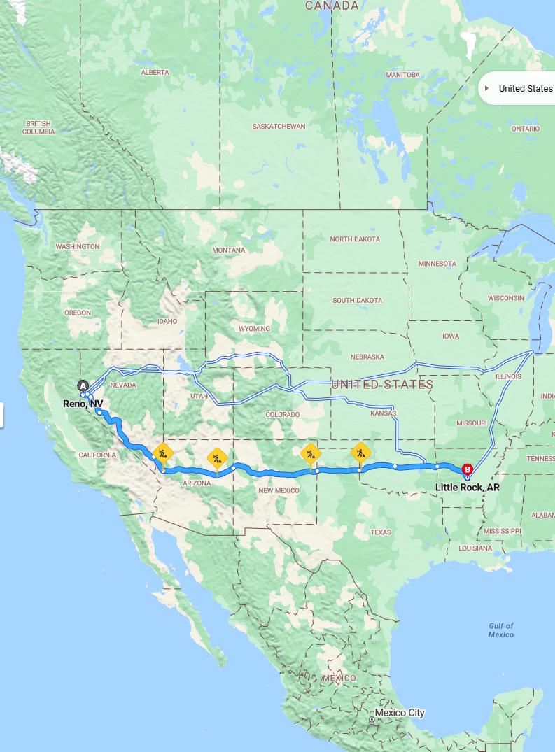 driving from Reno, Nevada to Little RockArkansas - map and route