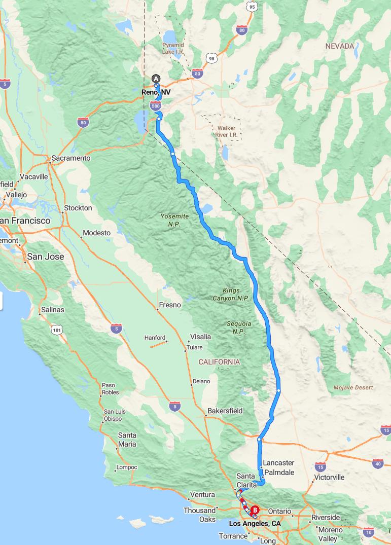 driving from Reno, Nevada to Los AngelesCalifornia - map and route