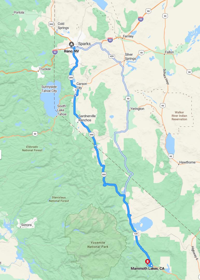 driving from Reno, Nevada to Mammoth LakesCalifornia - map and route