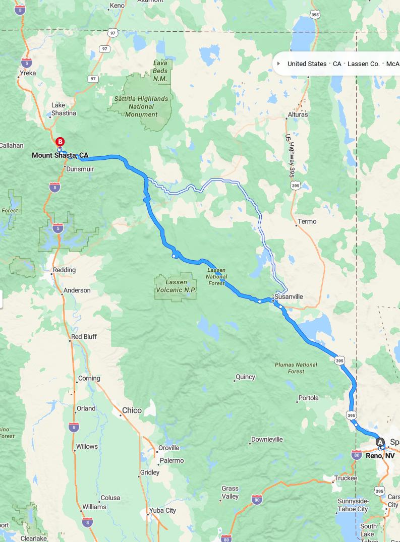 driving from Reno, Nevada to Mount ShastaCalifornia - map and route