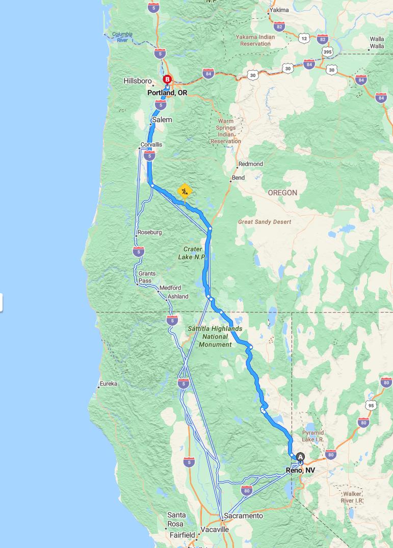 driving from Reno, Nevada to PortlandOregon - map and route