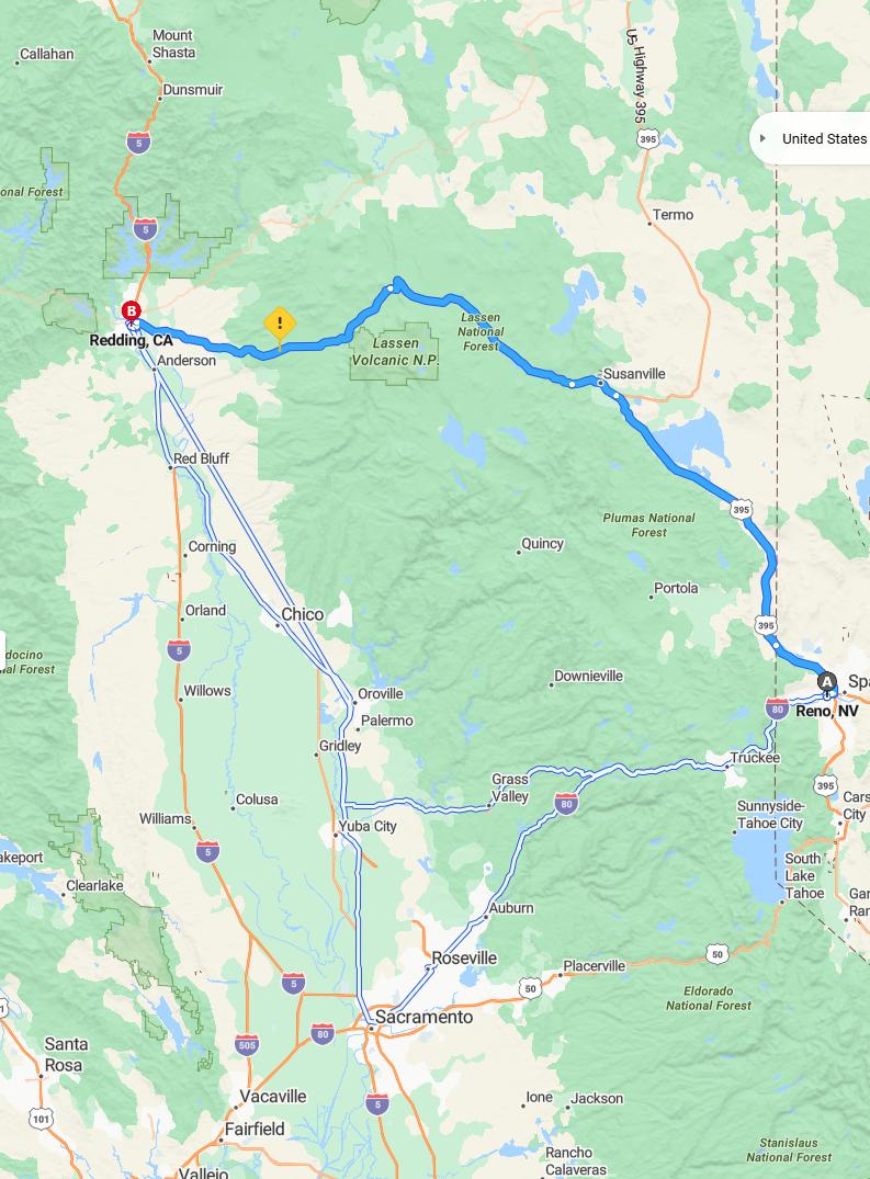 driving from Reno, Nevada to ReddingCalifornia - map and route