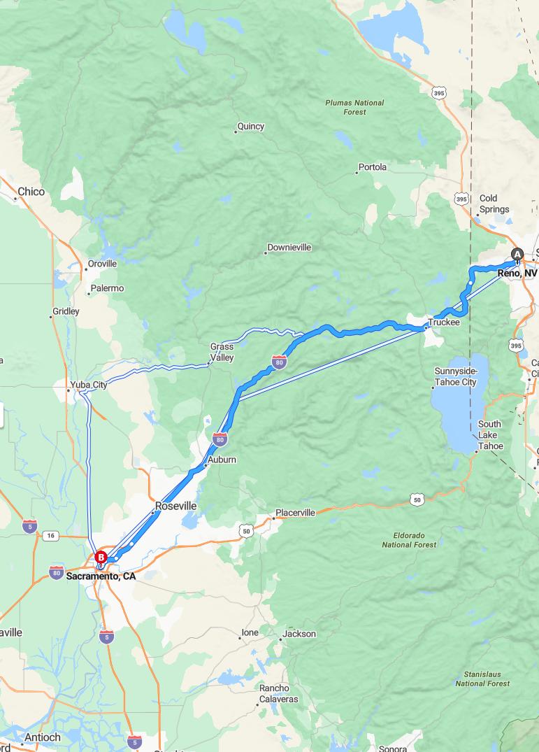 driving from Reno, Nevada to SacramentoCalifornia - map and route