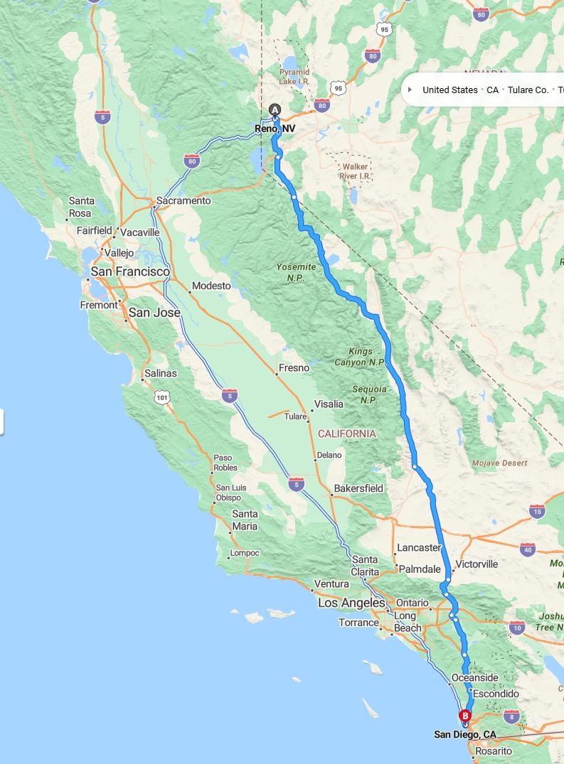 driving from Reno, Nevada to San DiegoCalifornia - map and route