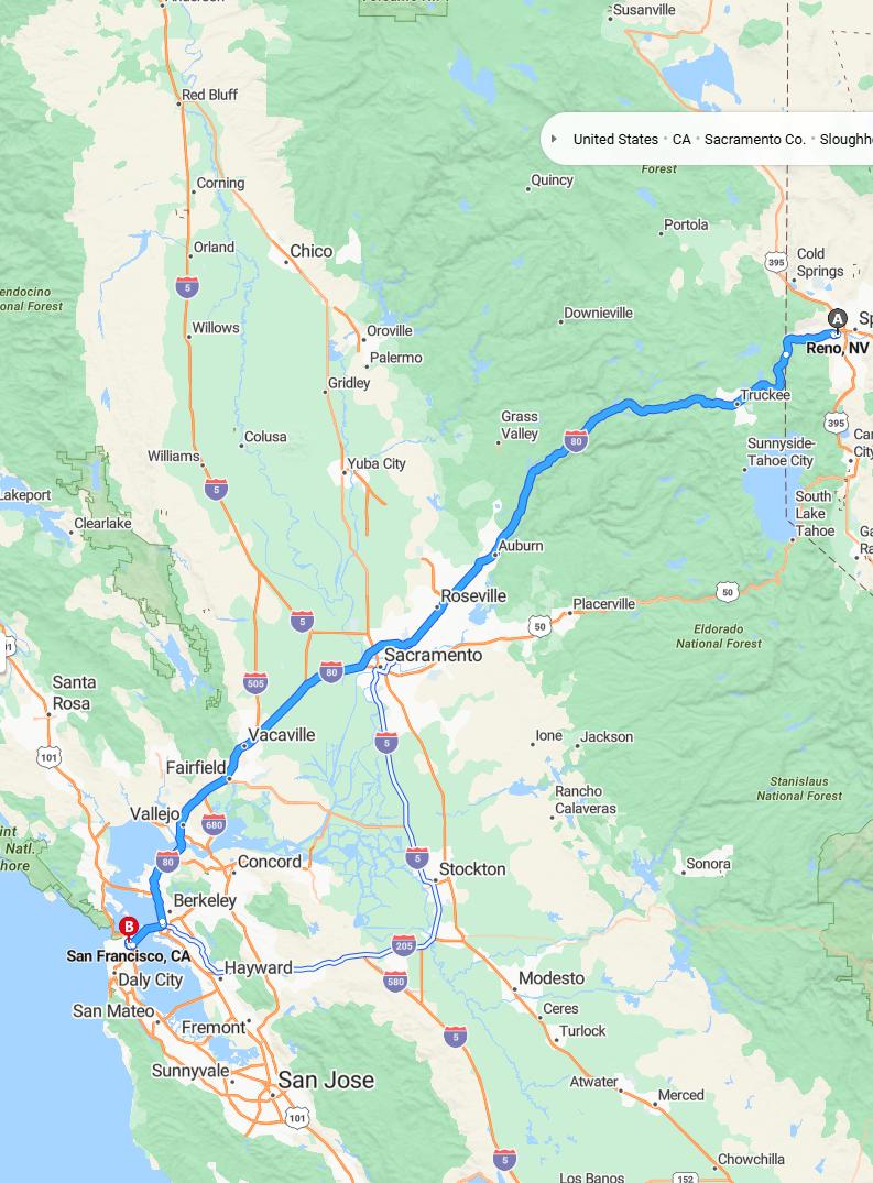 driving from Reno, Nevada to San FranciscoCalifornia - map and route