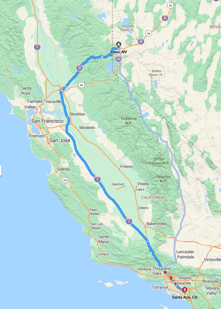 driving from Reno, Nevada to Santa AnaCalifornia - map and route