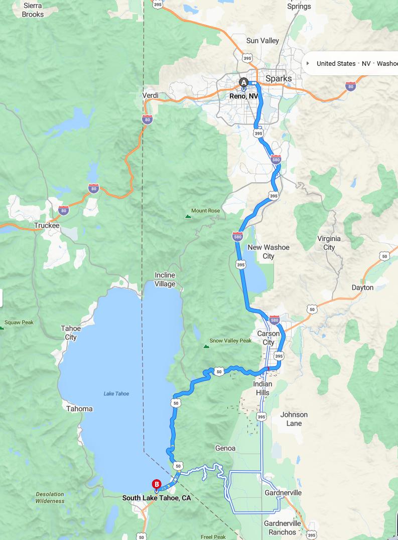 driving from Reno, Nevada to South Lake TahoeCalifornia - map and route