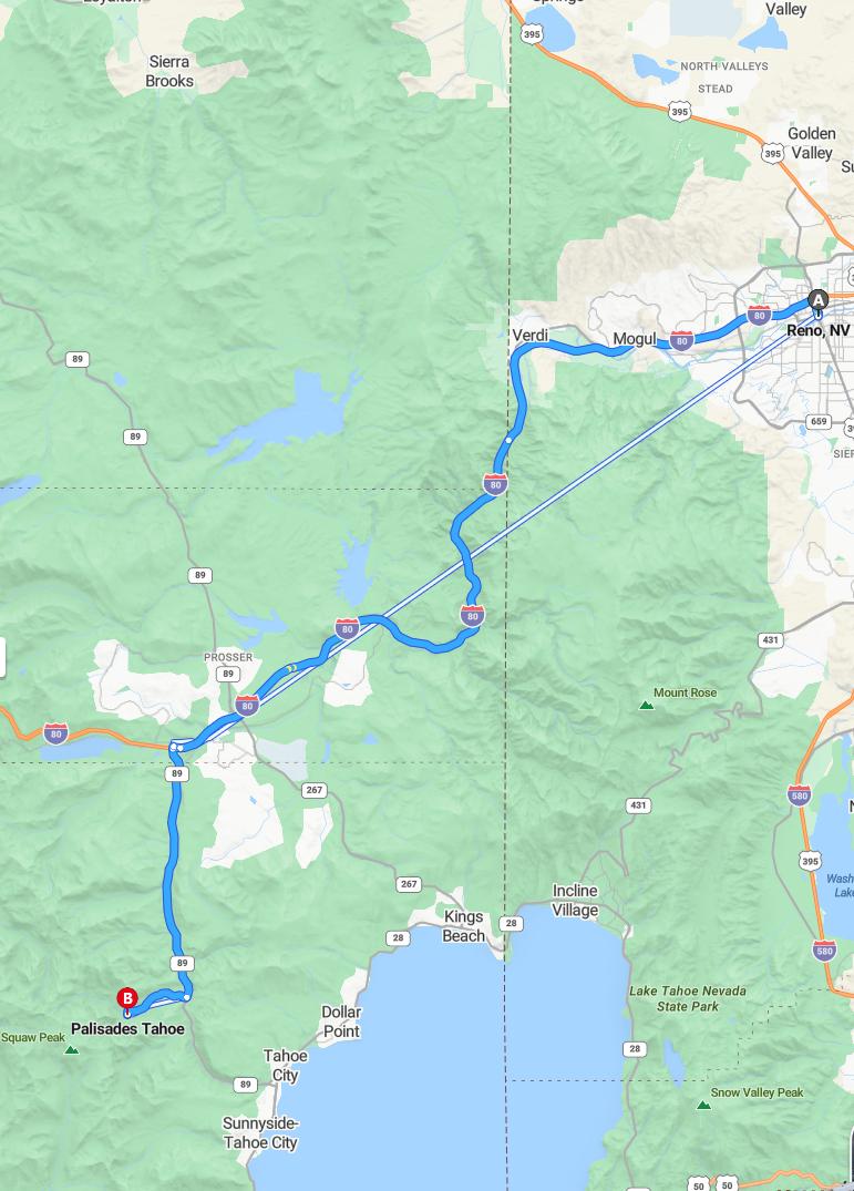 driving from Reno, Nevada to Squaw ValleyCalifornia - map and route