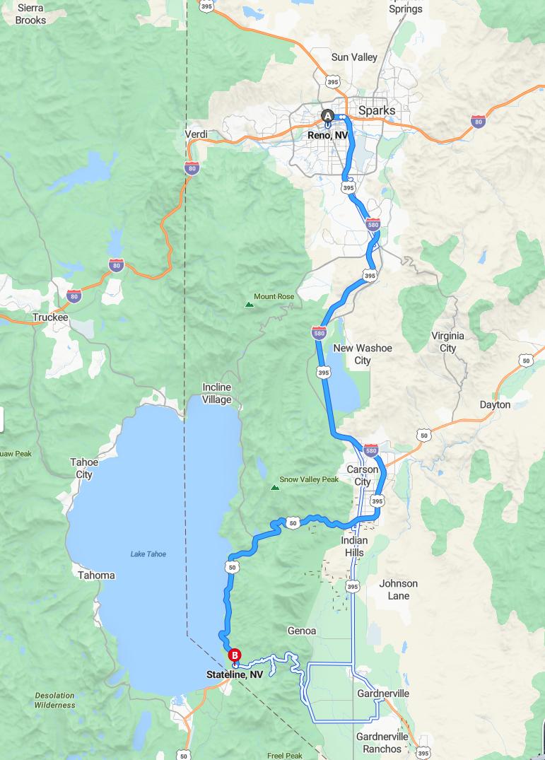 driving from Reno, Nevada to StatelineNevada - map and route