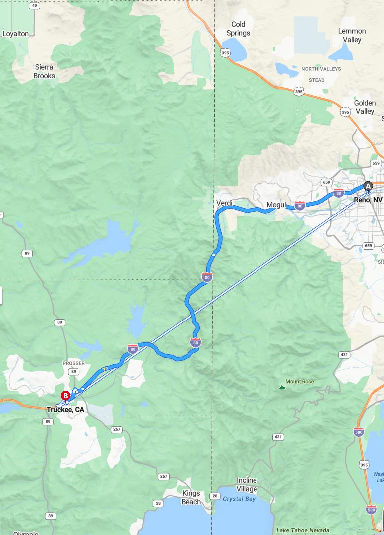 driving from Reno, Nevada to TruckeeCalifornia - map and route