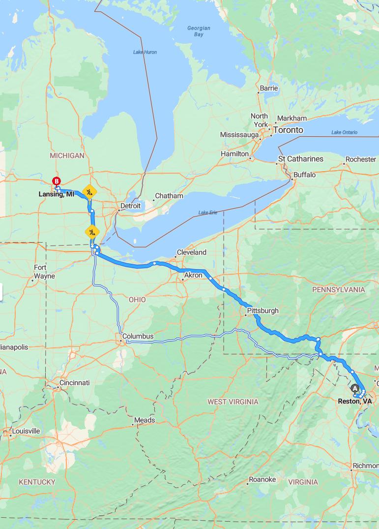 driving from Reston, Virginia to LansingMichigan - map and route