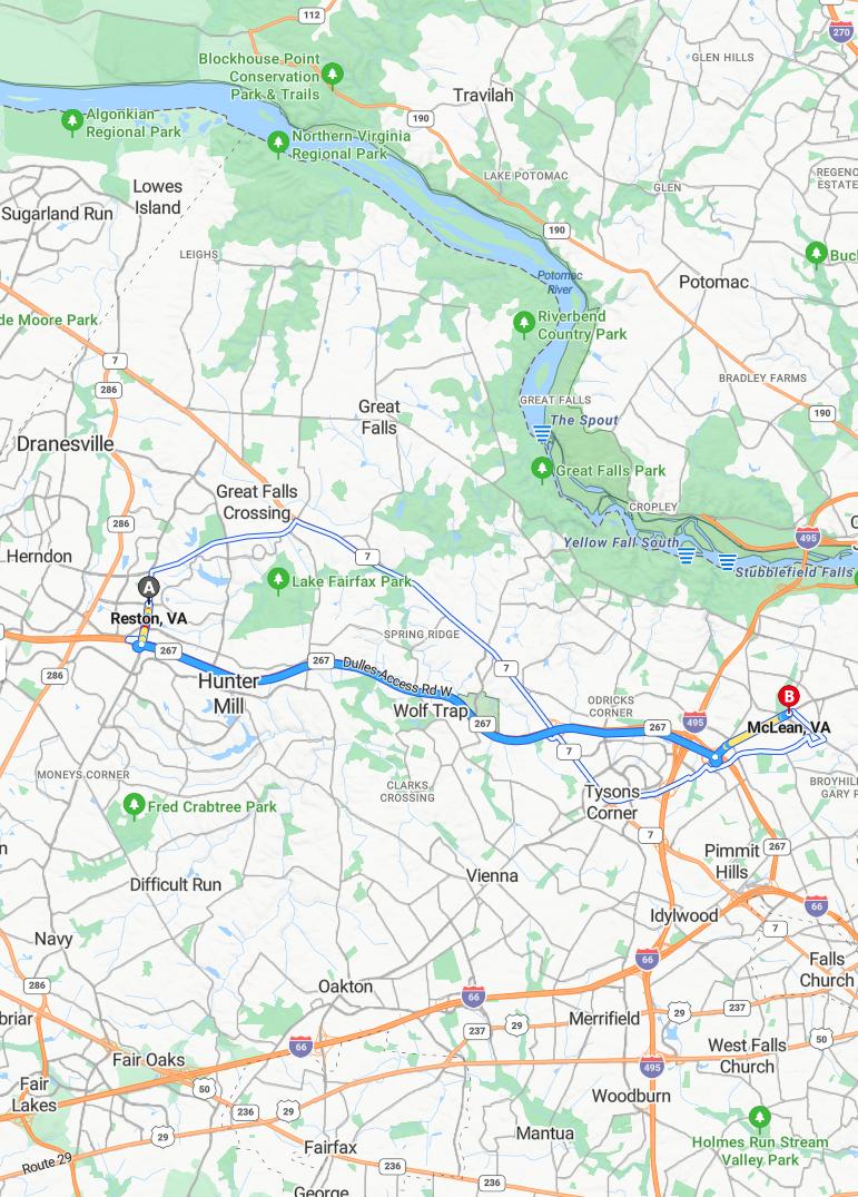 driving from Reston, Virginia to McLeanVirginia - map and route