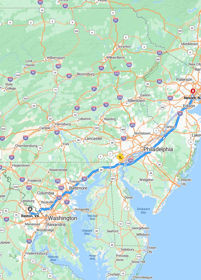 driving from Reston, Virginia to NewarkNew Jersey - map and route