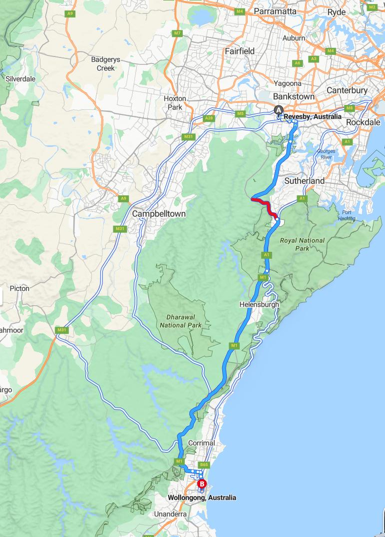 driving from Revesby, New South Wales to WollongongNew South Wales - map and route