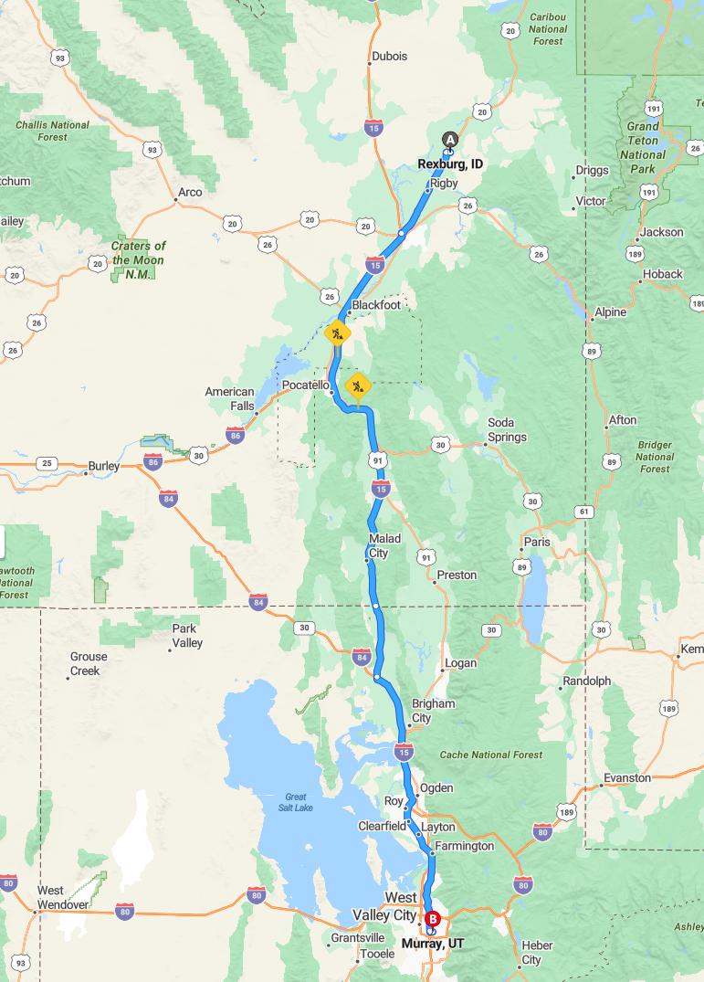 driving from Rexburg, Idaho to MurrayUtah - map and route