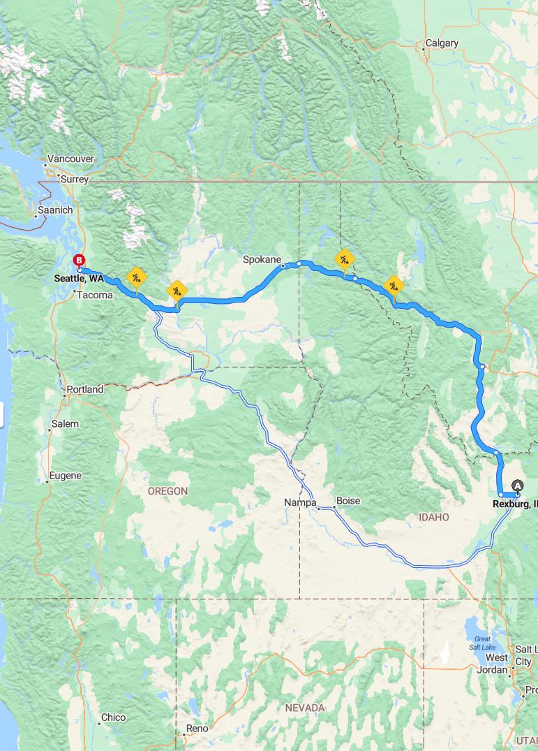 driving from Rexburg, Idaho to SeattleWashington - map and route
