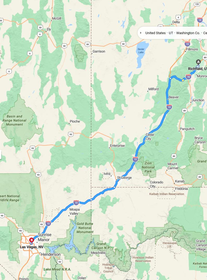 driving from Richfield, Utah to Las VegasNevada - map and route