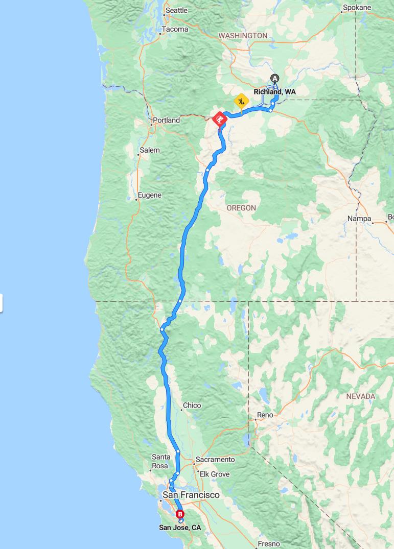 driving from Richland, Washington to San JoseCalifornia - map and route