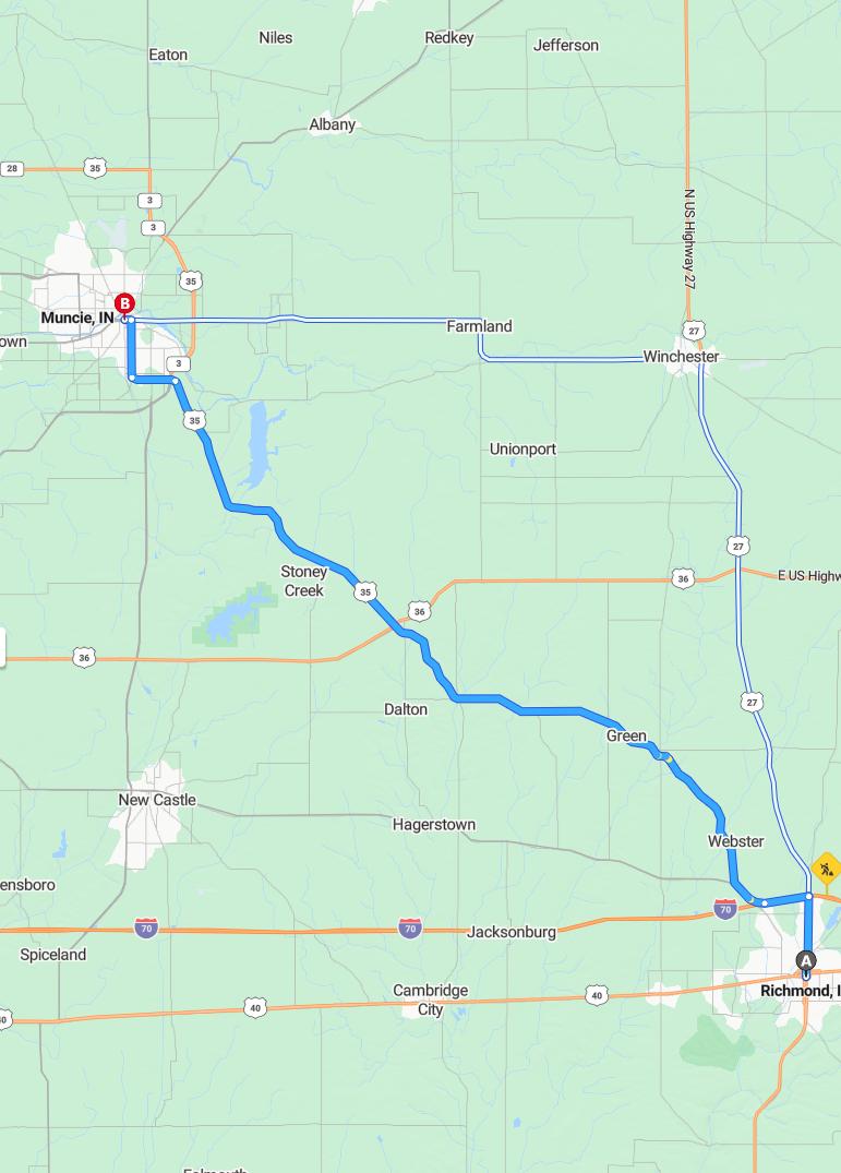 driving from Richmond, Indiana to MuncieIndiana - map and route