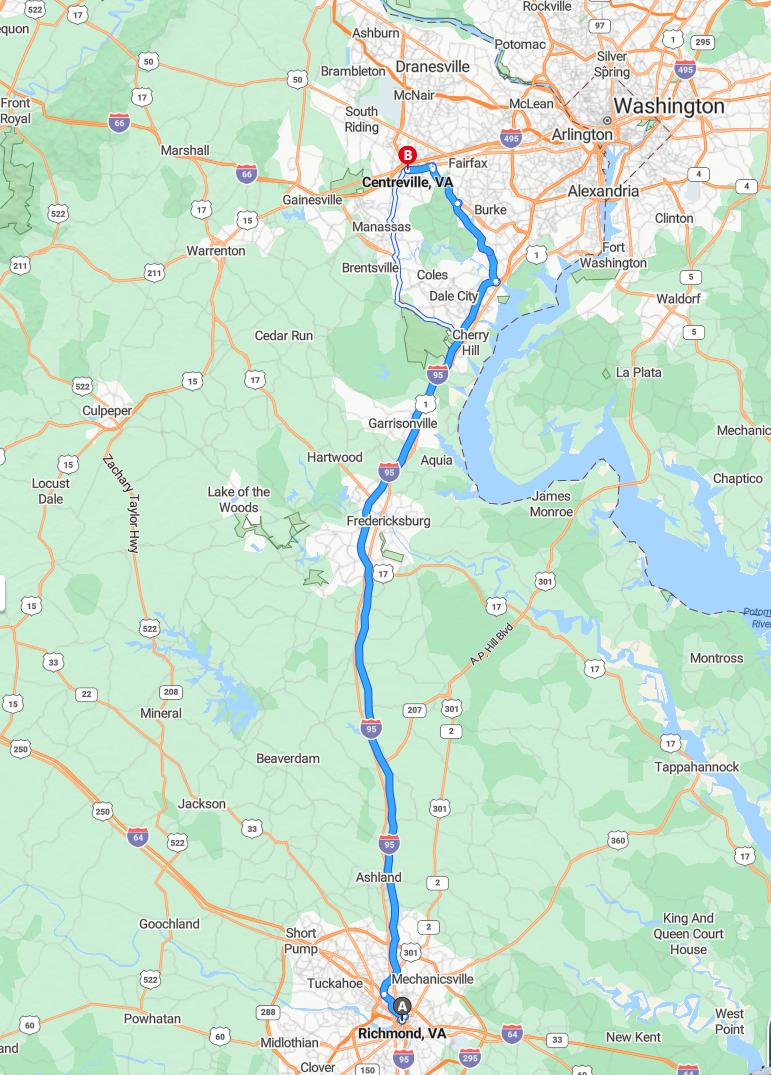 driving from Richmond, Virginia to CentervilleVirginia - map and route