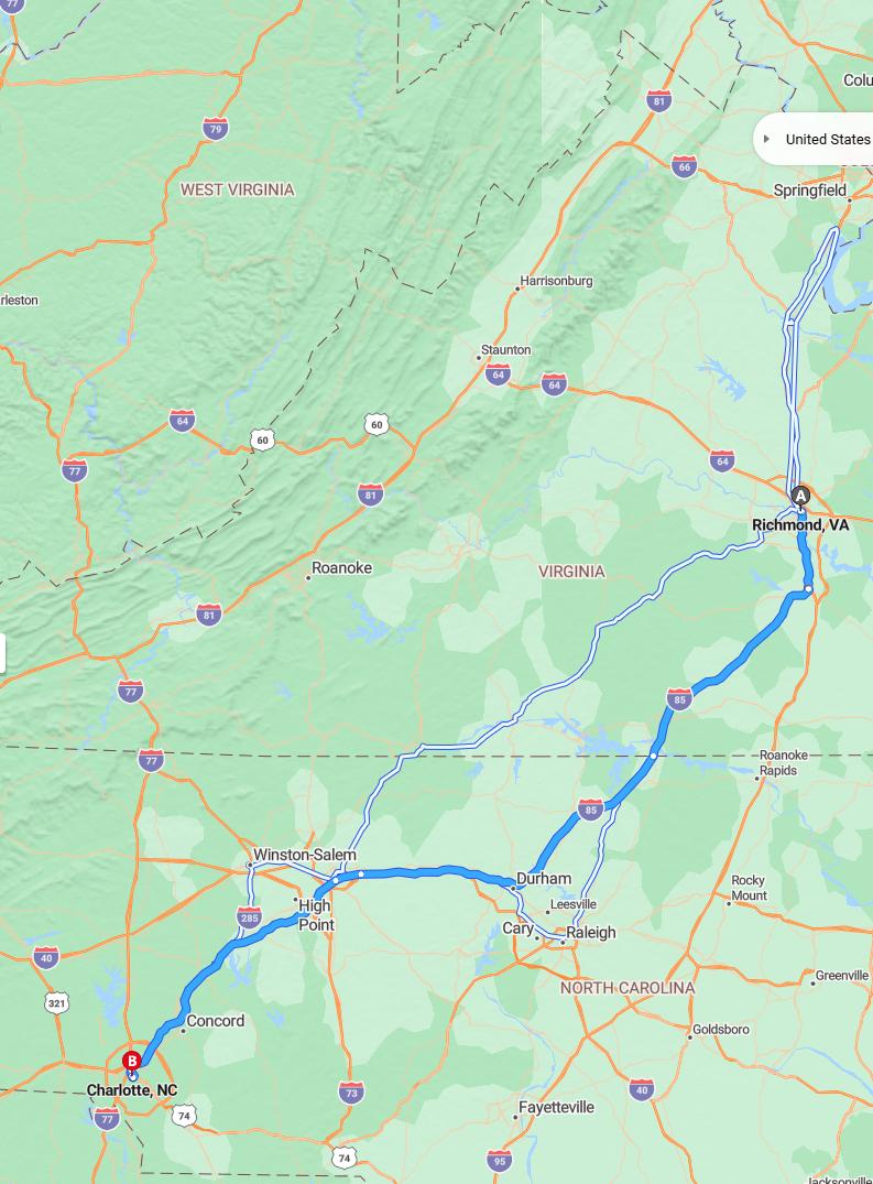 driving from Richmond, Virginia to CharlotteNorth Carolina - map and route