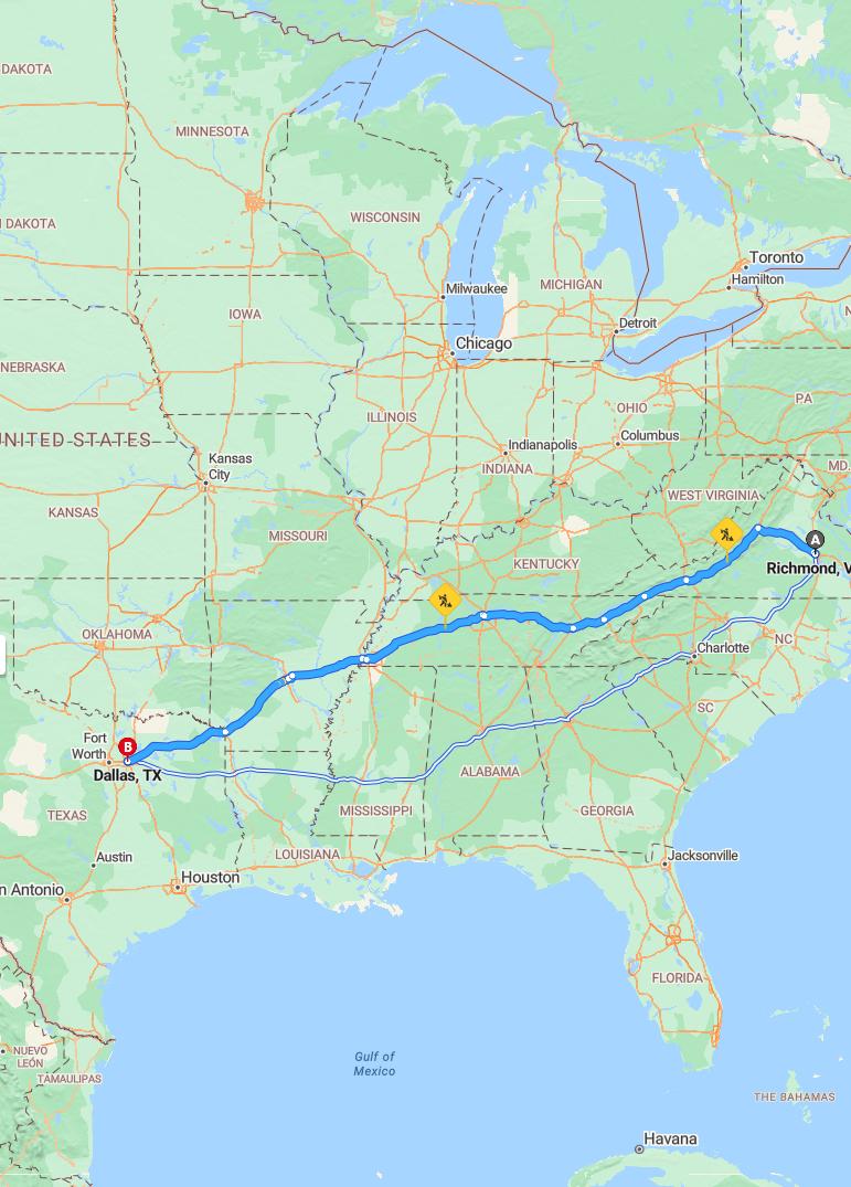 driving from Richmond, Virginia to DallasTexas - map and route